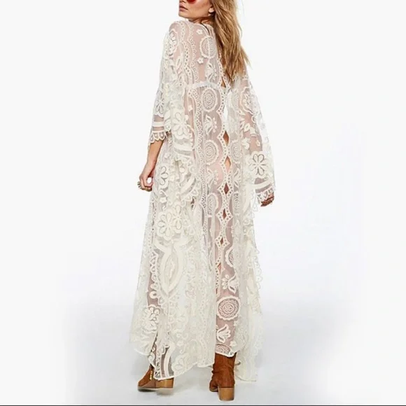Boho Lace Cover Up Maxi Kaftan Kimono, Soft Lace Beach Bunny Coverup Kaftan - Picture 2 of 4